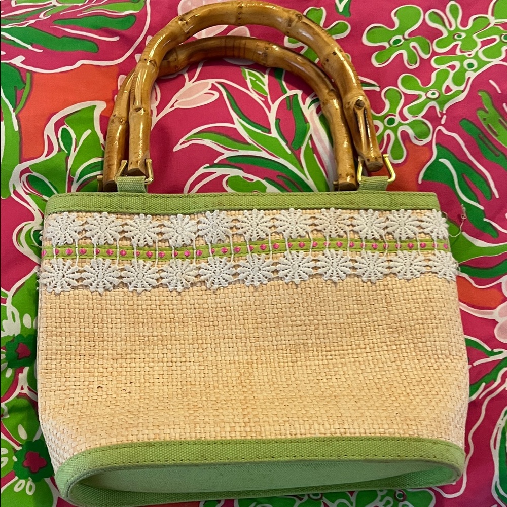 Vintage Lilly Pulitzer Green and Tan Tote with Bamboo Handles